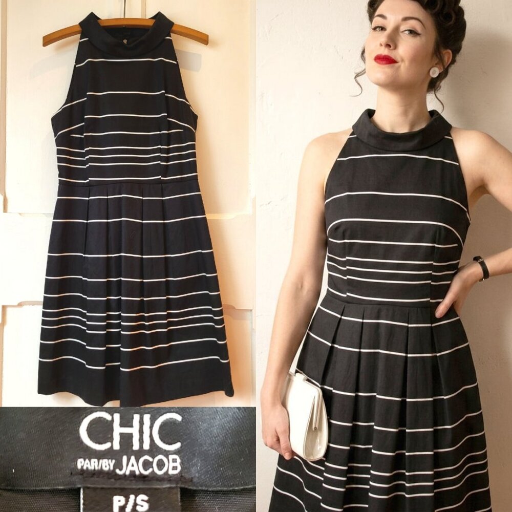 Jacob Black White Striped Fit & Flare Dress Halter Small